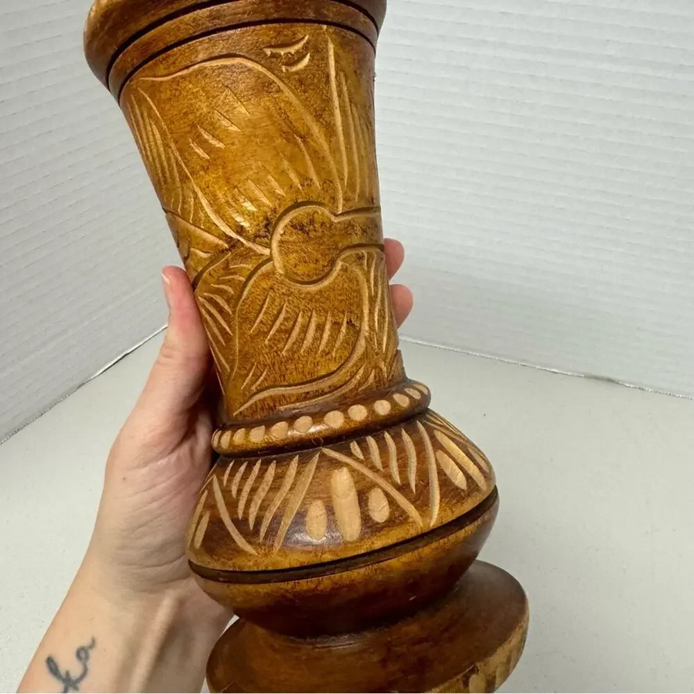 Vintage Wood Carved Tiki Vase Floral Boho Brown Home Decor